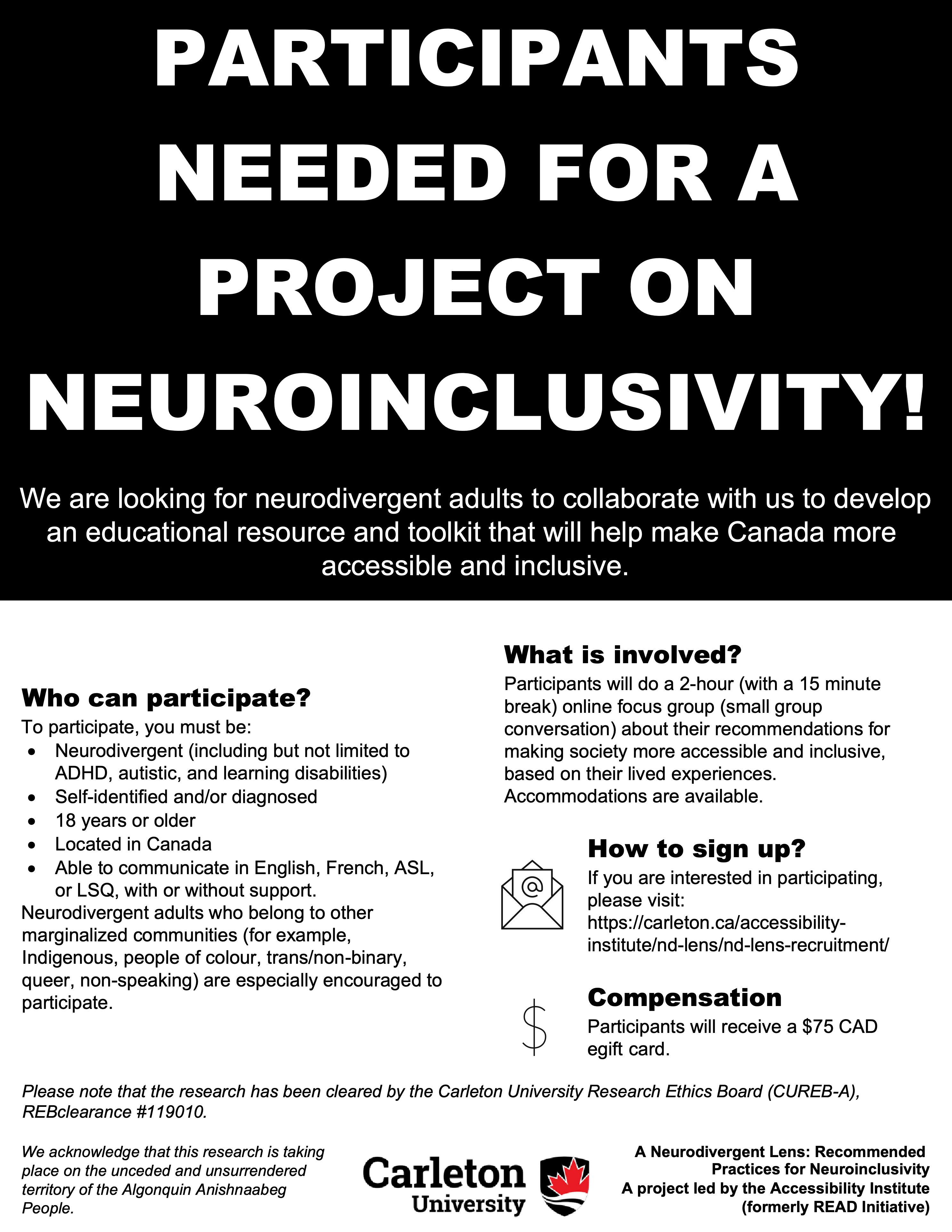 Paricipants needed for a project on neuroinclusivity poster