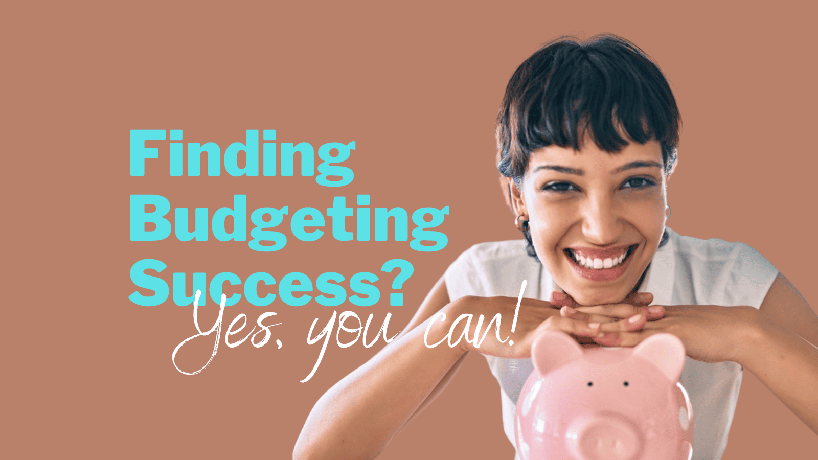 young black woman with short hair smiling while leaning on a pink piggy bank